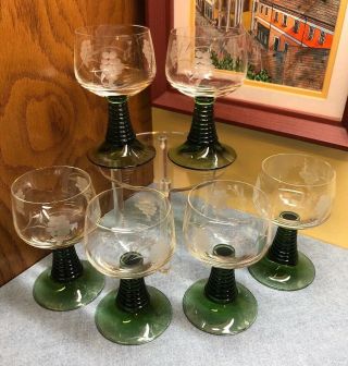 Green Ribbed Beehive Stem Wine Goblets Etched Grapes On Clear Glass Set Of 6