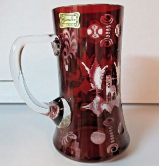 Czech Republic Ruby Red Egermann Crystal Mug 6 1/8 " Tall W/running Stag