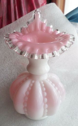 Fenton Glass Beaded Melon Silver Crest Pink Cased Overlay Vase Jack In Pulpit