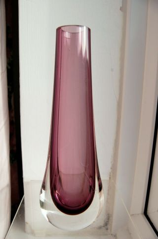 1972/73 Whitefriars Aubergine/clear Glass Teardrop Vase 9571 By Geoffrey Baxter