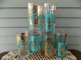 Set Of 6 Vintage Libbey Clear Glass Tumblers With Gold & Turquoise Leaf Gold Rim