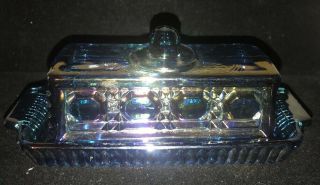 Vintage Iridescent Blue Carnival Glass Butter Dish With Lid Rare Windsor Pattern