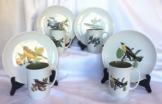 Set Of 4 Fitz & Floyd Bird Image Mugs And Plates Made For Neiman Marcus Vintage