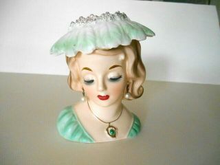 Japan Lady Head Vase 4256 Feather Hat Painted Cameo Necklace & Pearl Earrings