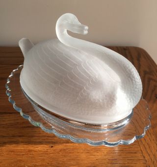 Antique Victorian Sowerby Frosted Pressed Glass Swan Lidded Dish C1885
