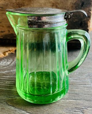 Rare Green Depression Vaseline Glass Syrup Pitcher With Metal Spring Lid