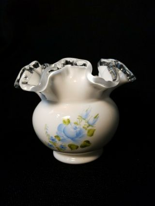 Stunning Fenton Glass Bowl Vase W/ Blue Roses Flared Ruffled Signed Handpainted
