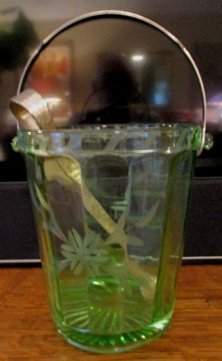 Green Depression Glass Etched Floral Ice Bucket With Tongs