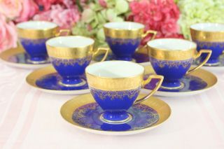 Stunning,  Josef Kuba,  Carlsbad,  Mazarine Blue And Gold Encrusted Cups/saucers