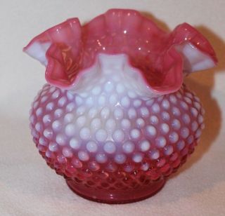Fenton Art Glass Hobnail Cranberry Opalescent Medium Size 6 " Ruffled Vase