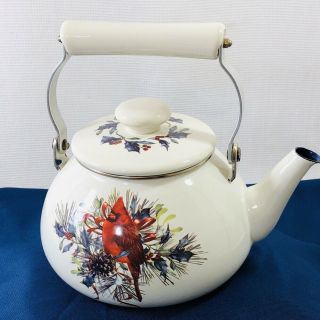 Lenox Winter Greetings Red Cardinal Enamel Tea Kettle Teapot Discontinued