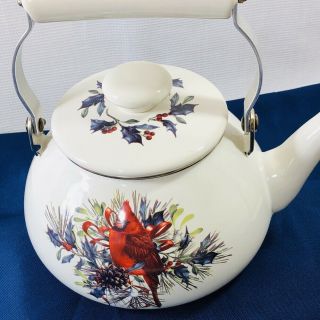 Lenox Winter Greetings Red Cardinal Enamel Tea Kettle Teapot Discontinued 2