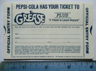 1978 Grease Musical Movie Film Pepsi - Cola Ticket Contest Entry Form