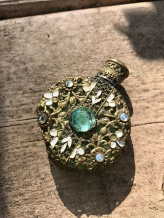 Vintage Green & Gold Tone Bohemian Glass Perfume Bottle