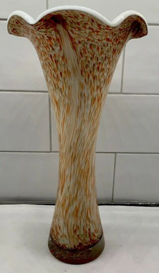 Hand Blown Glass Vase Orange And White Swirl Murano Style Large 12” Tall