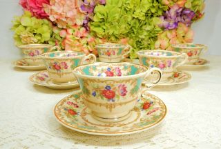 6 Syracuse China Porcelain Footed Cups & Saucers Romance Floral Scrolls Gold