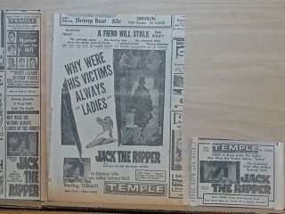 Three 1960 Newspaper Ads For Movie Jack The Ripper,  A Fiend Will Stalk The Night