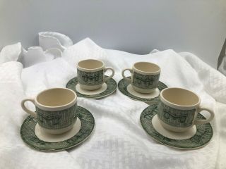 Currier And Ives Green By Scio Set Of 4 Cups And Saucers Pre - Owned