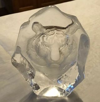 Swedish Glass Crystal Mats Jonasson Tiger Paperweight.  Signed