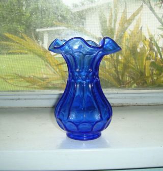 Fenton Cobalt Blue Ribbed Thumbprint Ruffled Vase 5 1/2 "