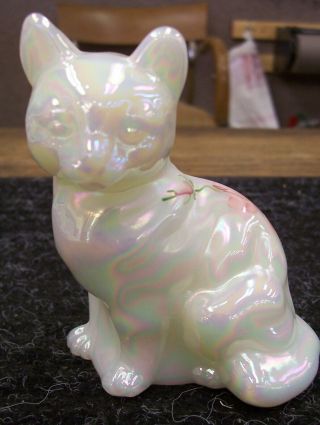 Fenton Hand Painted White Carnival Glass Cat Figurine