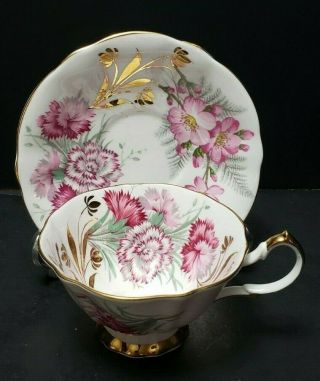 Vintage Queen Anne Cup And Saucer Heavy Gold Pretty Pink And Gilt Flowers
