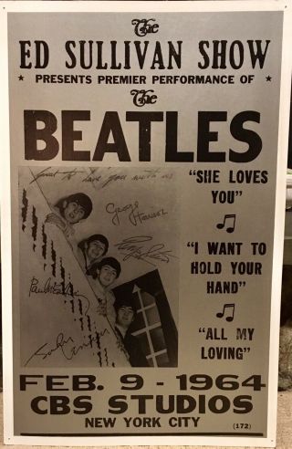 Signed Beatles Poster 1964 Ed Sullivan Show Cbs Studio York City