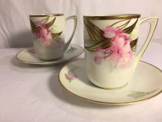 2 Rs Germany Demitasse Cup & Saucer Hand Painted Art Deco Pink Oleander Gold
