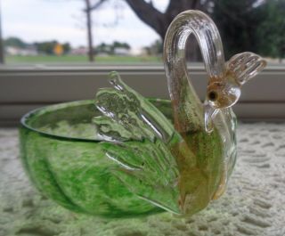 Rare Venetian 3 " Art Glass Miniature Green Swan Bird Bowl Dish Gold Dust Murano