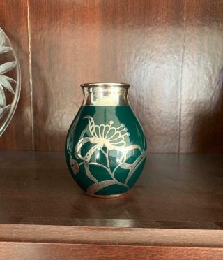Hutschenreuther Green Porcelain Vase W/ Solid Silver Overlay Bavarian Germany