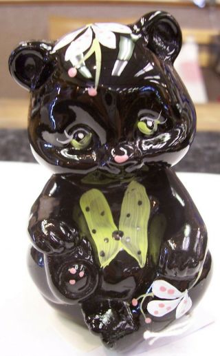Fenton Hand Painted Black Glass Bear Figurine