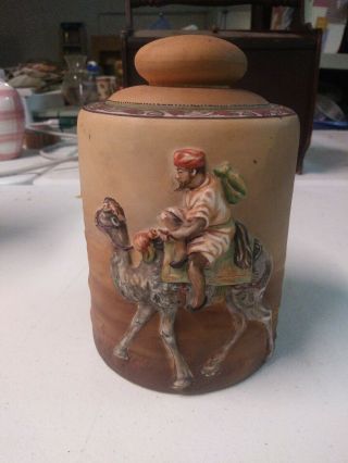 Hand Painted Nippon Tobacco Jar Or Humidor Camel Scene.  Inside Of Lid