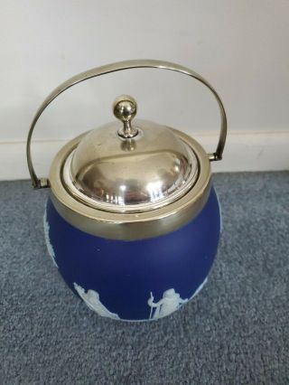 Antique Wedgwood Cobalt Blue Jasperware Biscuit Jar 1880 Silverplate