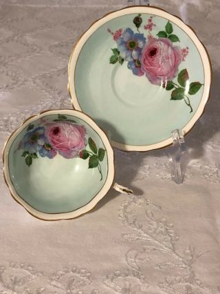 Blue Paragon China Cup And Saucer Large Pink Cabbage Rose Double Warrant