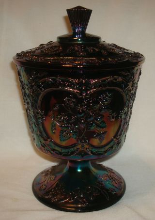 Fenton Amethyst Purple Carnival Glass Strawberry Large Footed Candy Dish W/lid