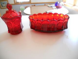 2) Fostoria Red Coin Glass Bowl Scalloped Edge Oval Dish & Candy Dish/lid