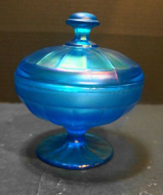 Fenton Celeste Blue Iridescent Stretch Glass Paneled Candy Box Dish