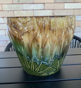 Vtg Ransbottom Pottery Moon Sun Brown Green Glaze Planter Jardiniere 8” Tall