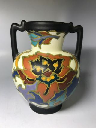 Vintage Gouda Holland Art Pottery Regina Rosario Hand Painted Handled Vase