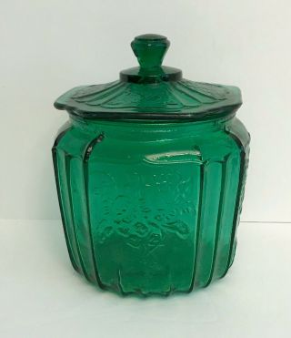 Anchor Hocking Depression Glass Mayfair Open Rose Green Cookie Jar W/lid