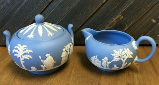 Vintage Wedgwood Blue Jasperware Creamer & Sugar Bowl