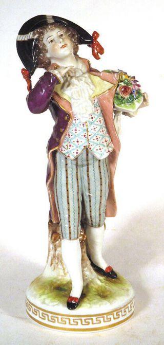 Early 1900s Antique Volkstedt Germany Porcelain Figurine Dandy Man With Flowers