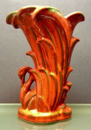 Vintage Mccoy Pottery Red Orange Swan Vase Planter Mid Century Mcm