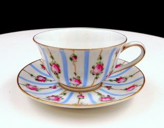 Limoges France Blue Stripes And Roses 1 5/8 " Demitasse Cup And Saucer