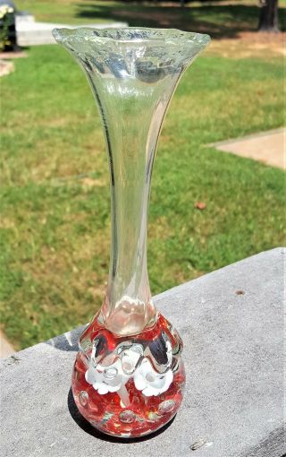 St.  Clair Ruby Red & White 8 " Art Glass Bud Vase Paperweight Base Trumpet Flower