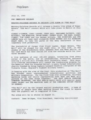 Pink Floyd Press Release For Live Album Of The Wall 1990 Roger Waters