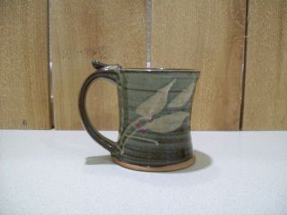 Distressed Rustic Green Leaf Motif Studio Art Pottery Coffee Cup Mug Signed