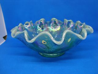 Fenton Blue Green Iridescent To Opelscent Holly Berry Bowl.