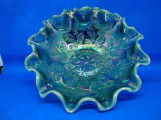 Fenton blue green Iridescent to opelscent holly berry bowl. 2