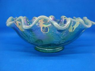 Fenton blue green Iridescent to opelscent holly berry bowl. 7
